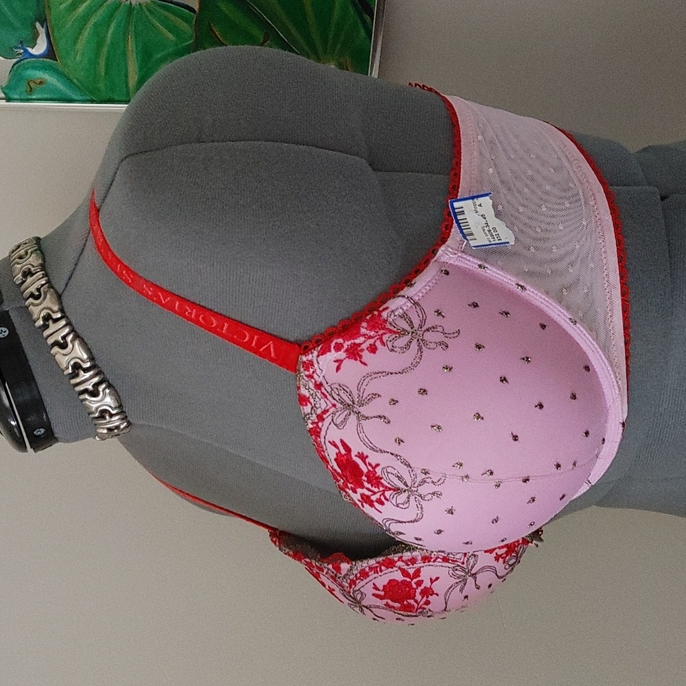 Victoria's Secret Pink and Red Embroidered Bra 38D - Picture 2 of 5